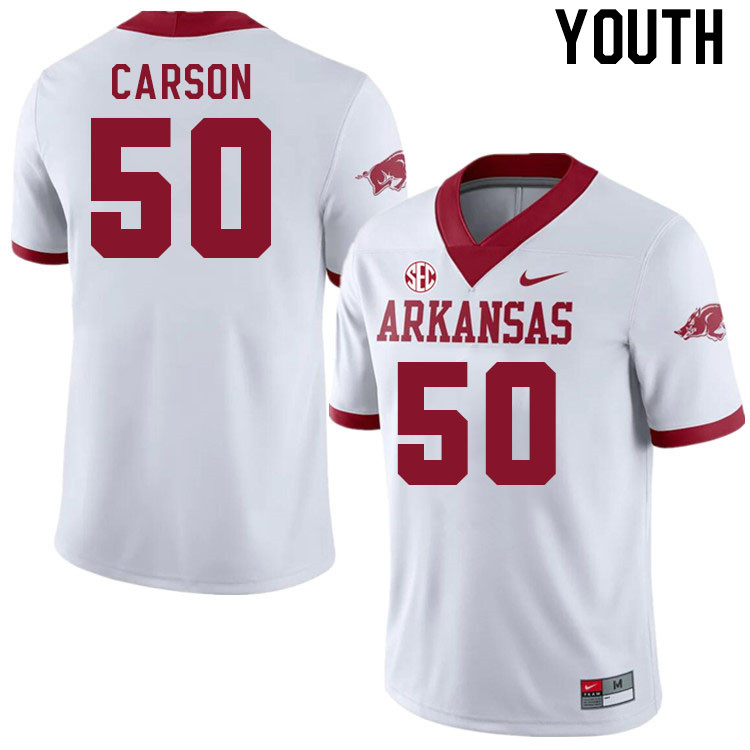 Youth #50 Cole Carson Arkansas Razorback College Football Jerseys Stitched Sale-Alternate White